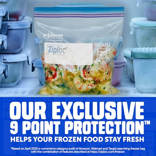 Ziploc Quart Food Storage Freezer Bags, Stand-Up Bottom, Easy to Fill, 100 Count