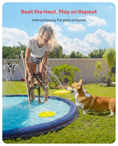 QPAU Splash Pad with Flying Disc for Dogs & Kids – 67" Extra-Thick 0.52mm Non-Slip Sprinkler Pool, Leakproof Water Play Mat for Toddlers, Babies, Pets, Outdoor Summer Toy
