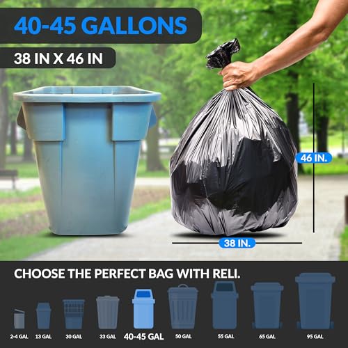 Reli. 40 to 45 Gallon Trash Bags Heavy Duty | 125 Count with Ties | Super Sizeable, Black, Serious Garbage Cleanup