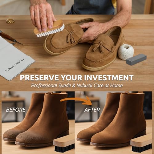 TAKAVU Premium Suede & Nubuck Cleaning Brush Kit, Crepe & Brass Bristle Brush, Microfiber Towel Cloth, Cleaning Block Eraser for Shoes, Boots