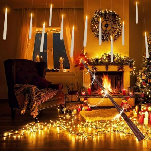 Enpornk 36 Pcs Halloween LED Magic Hanging Floating Candles, Taper Flickering Flameless with 2 Magic Wands - Candle Set for Halloween, Christmas