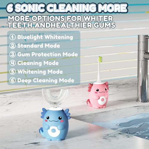 Kids Electric U Shaped Toothbrush - Axolotl Kids Cartoon Sonic Automatic Toothbrush with 6 Brush Heads Full Mouth 6 Cleaning Modes - Age2-15 Pink