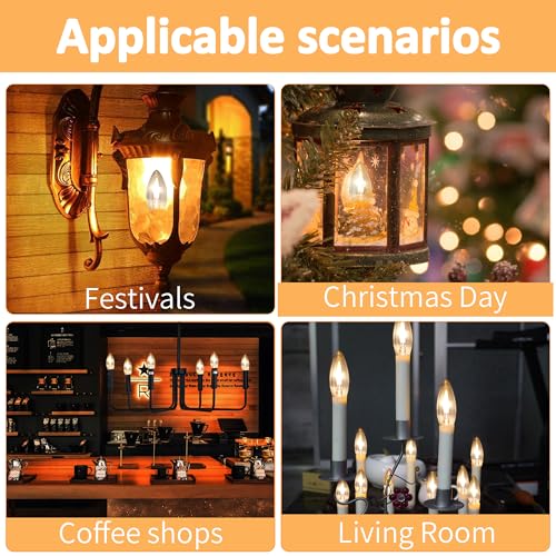 HEWA-Tech E12 Base (Miniature Screw) C35 Flame Tip Flicker Bulbs - Crystal Clear Candle Light with Orange Glow Effect for Halloween， E12 Non-Dimmable