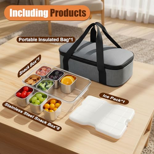 Snackle Box Container with Ice Pack, 304 Stainless Steel Divided Serving Tray, Snacklebox with Insulated Bag, 8 Compartment Platter Box with Lid and Handle for Beach, Road Trip, Boat Days, Pool Party