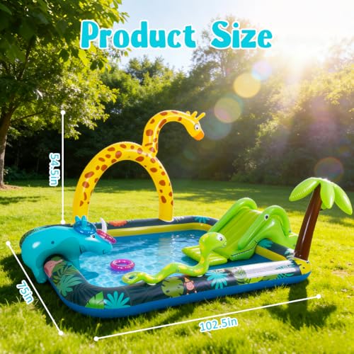 Inflatable Jungle Animal Play Center, Inflatable Water Park Kiddie Pool with Slide, Water Sprayer for Summer Outdoor Splash, Backyard and Garden 102.5" x75" x 54.5"