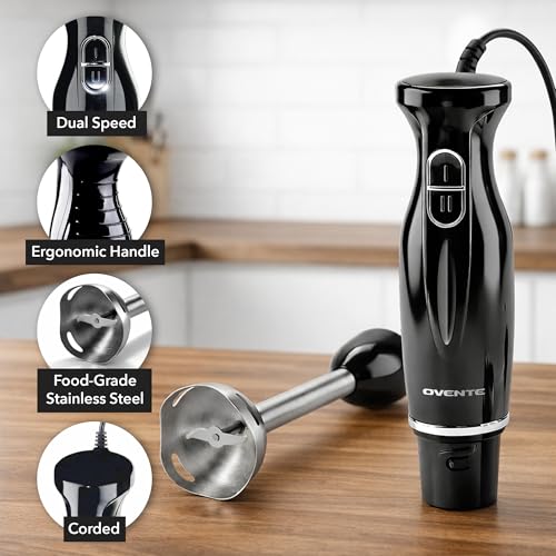 OVENTE Immersion Hand Blender, 300W Corded Electric Handheld Stick Mixer with 2 Mixing Speeds and Stainless Steel Blades for Smoothies, Purees & Baby Food, Black HS560B