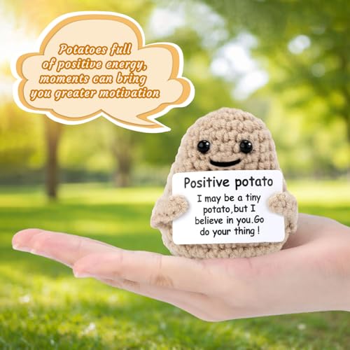 Mini Funny Knitted Wool Potato Toy with Positive Card - Creative Cute Crochet Doll Cheer Up Gift for Friends Parties Women Men Mothers Day Graduation Decoration and Encouragement