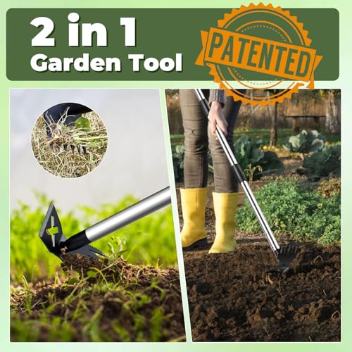 NICOFPHY Weed Puller Tool with Long Handle - 60" Manual Weeder Remover Tool, 2 in 1 Hand Weed Rake and Garden Hoe for Gardening, Heavy Duty Uprooting Weeding Pull for Yard, Lawn, Patio and Garden