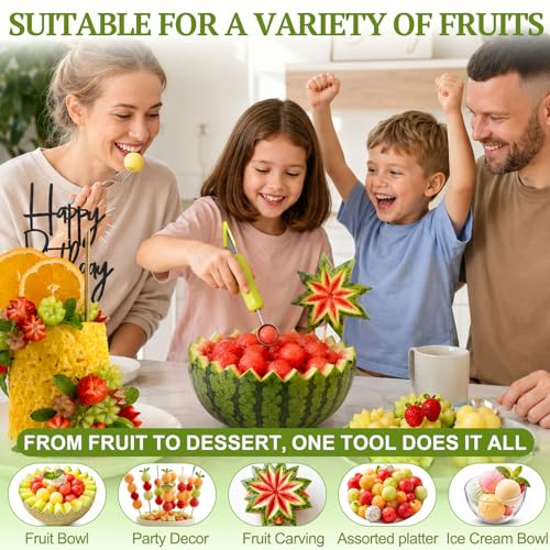 Suuker 4 in 1 Melon Baller Scoop Set, Stainless Steel Fruit Cutters Shapes, Watermelon Scooper and Baller, Fruit Carving Tools (Green)