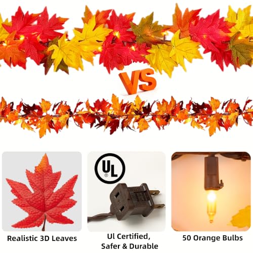 Fall Decorations for Home 9Ft Plug in Fall Garland with Lights Lush and Thicker Large Leaves, 50 Orange Bulbs Prelit Connectable UL Certified Fall