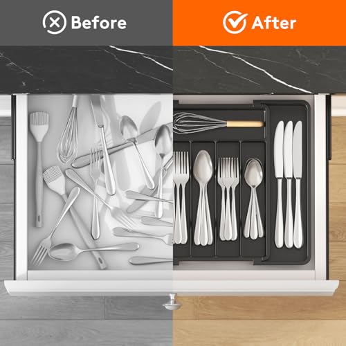 Lifewit Silverware Drawer Organizer, Expandable Utensil Tray for Kitchen, BPA Free Flatware and Cutlery Holder, Adjustable Plastic Storage for Spoons Forks Knives, 8.5-14 x 12", Black