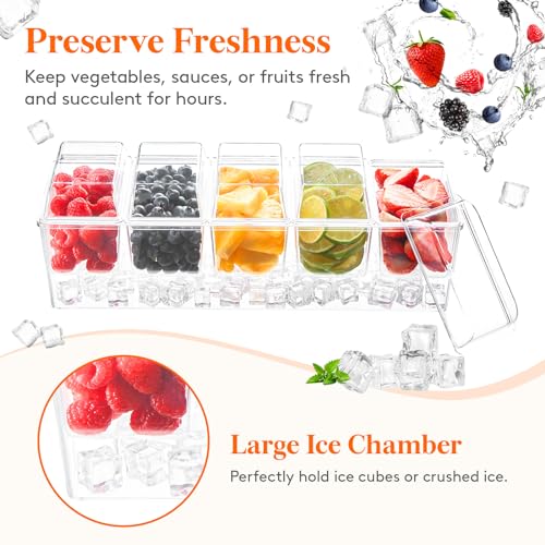Lifewit Taco Bar Serving Set for Party with 5 x 20 oz Containers & Components, Ice Chilled Condiment Caddy Organizer, Garnish Serving Tray Platter for Mimosa Bar Accessories, Fruit, Salad, Food