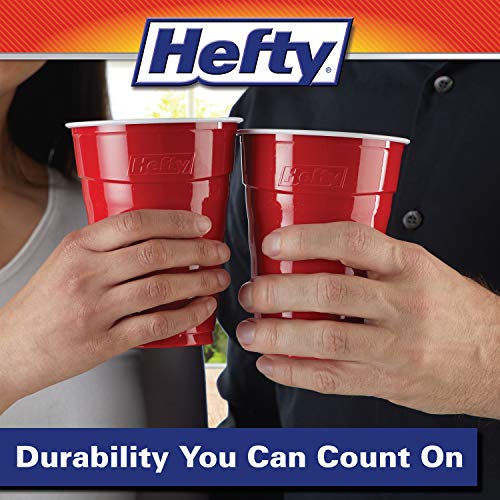 Hefty Party On Disposable Plastic Party Cups, 50 Count, 18 Oz Red Cups for Parties, Tailgates, Birthdays, Holidays, and More, Contoured Shape for Easy Gripping, Strong and Durable