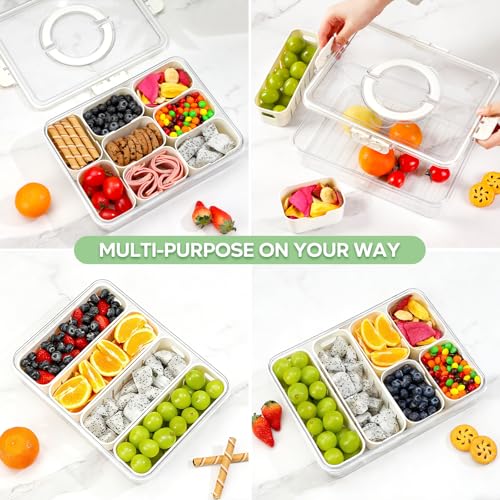 2 Pack Divided Serving Tray with Lid and Handle, 12 Compartments Snackle Box Container for Portable Snack Platters Large Clear Organizer for Picnic Snacks to Go Dishwasher Safe