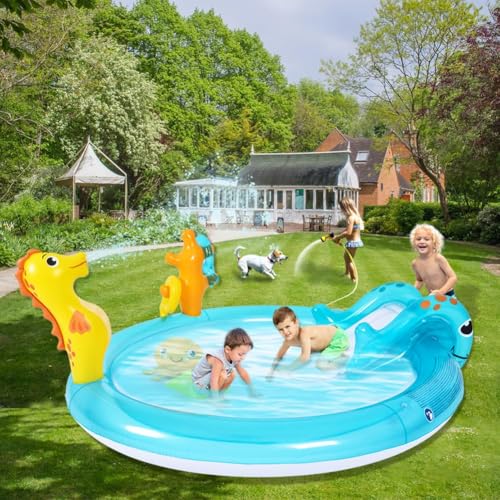Sea Animal Inflatable Kids Pool with Slide and Sprinkler, Inflatable Play Center with Rings & Animal Figures, 78"x59.5"x15.5" Kiddie Pool for Summer Outdoor Backyard