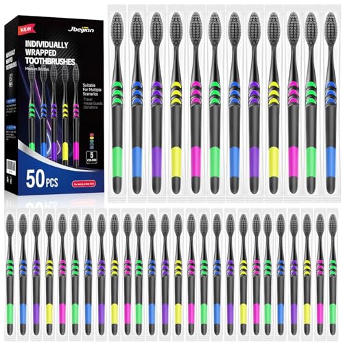 50 PCS Individually Wrapped Bulk Toothbrush Pack, Disposable Soft Bristle for Adult or Kid, Ergonomic Handle, Perfect for Travel, Hotel, Donation
