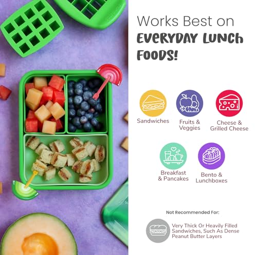 FUNBITES Crustless Sandwich Cutter for Kids Lunch (2-piece set), Uncrustable Sandwich Cutter, Bite-Size Food Cutter for Toddlers, Bento Box Accessories, BPA-FREE Dishwasher Safe, Green Squares 1pk