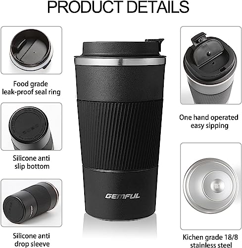 GEMFUL 17oz Travel Coffee Mug To Go Cup with Lid Stainless Steel Insulated Reusable Tumbler Leak Proof Coffee Lovers Gifts for Hot Cold Drinks Women Men Office Car (Blue)