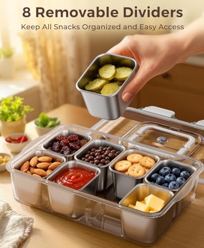 Snackle Box Container with 8 Removable Stainless Steel Compartments Divided Serving Tray with Portable Handle for Beach, Road Trip, Picnic, Boat Days, Ball Games, Pool and Parties