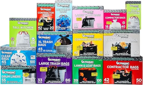 Ultrasac Heavy Duty 45 Gallon Trash Bags Huge 50 Count/w Ties) - 1.8 MIL - 38" x 45" - Large Black Plastic Garbage Bags for Contractor, Industrial, Home, Kitchen, Commercial, Yard, Lawn, Leaf