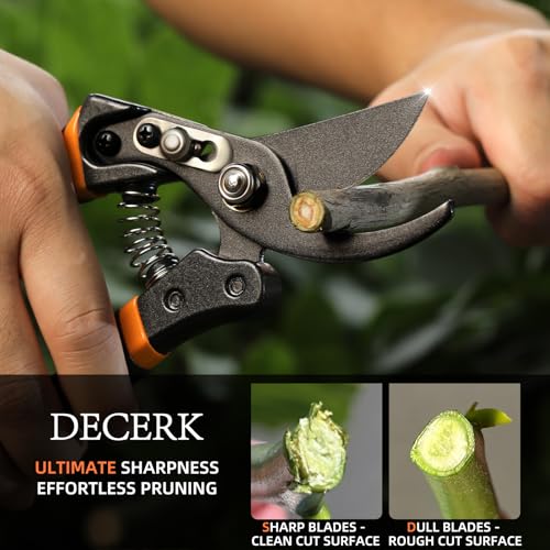 DECERK® 8.5" Professional Pruning Shears - Cuts 4X Easier with Ultra Sharp Japanese Steel Titanium Blade, Arthritis Friendly Garden Scissors & Plant Clippers, Effortlessly Prunes 3/4" Branches