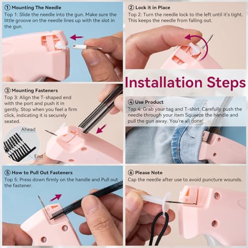 Aisoso Stitch Gun for Clothes, Pink Handheld Stitching Gun Quick Clothing Fixer, 0.5mm Sewing Kit Includes 1500 Black Fasteners and 1500 White Fasteners