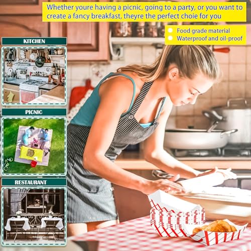 100 Pack 3lb Paper Food Trays,Disposable Greaseproof Kraft Checkered Carnival Food Serving Take Out Basket Tray Boat for Snacks Fries Nachos Popcorn Hot Dogs Carnival Wedding Party Picnic