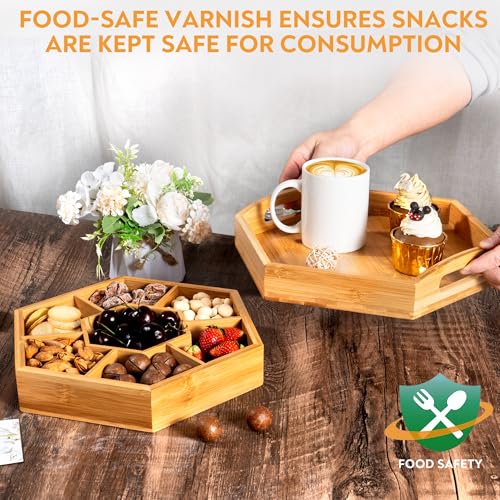 Snack and Serving Tray Set – 13" Divided Bamboo Appetizer Platter for Dry Fruit, Nuts, Cheese and Charcuterie (Bamboo, 13"x11")