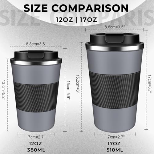 Insulated Coffee Tumbler 12 oz, Stainless Steel Coffee Mug with Lids, Travel Coffee Mug Leak Proof, Double Wall Vacuum Insulated Reusable Coffee Cup, Keep Drinks Hot and Cold (Gray, 12 Ounces)