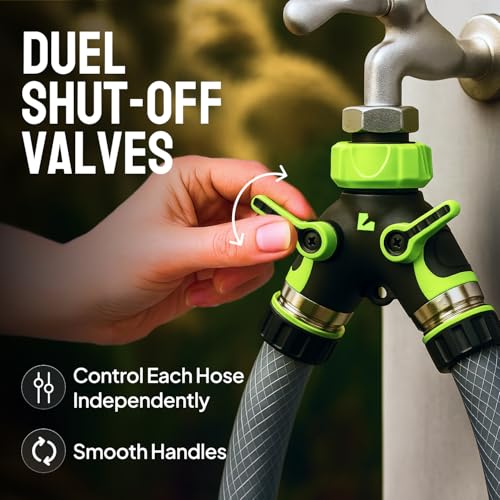 LIME 2 Way Hose Splitter Heavy Duty - Metal Y Garden Hose Splitter with Shutoff Valves, Brass Outdoor Faucet Adapter for Spigot, 3/4 Inch GHT Water Hose Connector