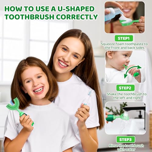 U-Shaped Toothbrush for Kids Ages 2-7, Soft Food-Grade Silicone for Sensitive Gums, 360° Teeth Cleaning Design, Training & Travel-Friendly Toddlers' Toothbrush (Green)