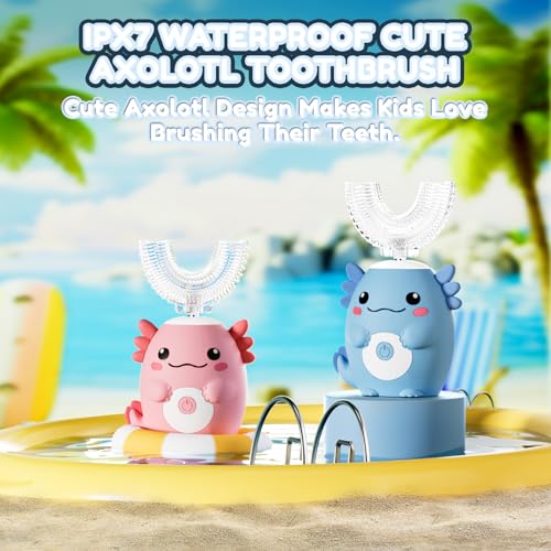 Kids Electric U Shaped Toothbrush - Axolotl Kids Cartoon Sonic Automatic Toothbrush with 6 Brush Heads Full Mouth 6 Cleaning Modes - Age2-15 Pink