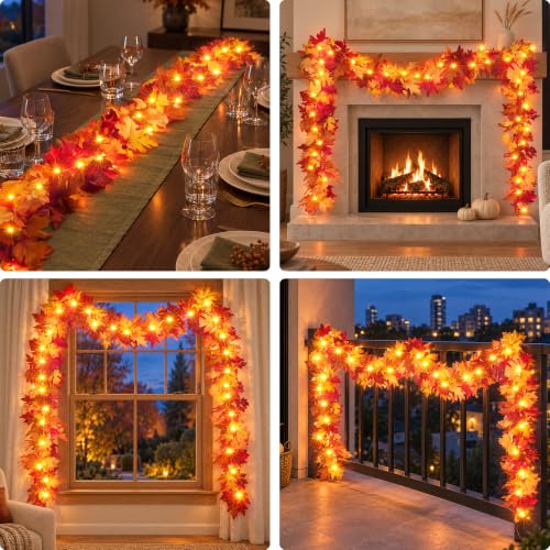 Fall Decorations for Home 9 FT Pre-lit Fall Garland with 50 LED Orange Lights, Auto Timer, 8 Lighting Modes, Waterproof Battery Operated Maple Leaf