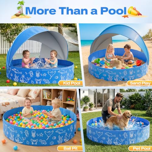 Foldable Kiddie Pool with Canopy, 47in Kids Pool with Detachable UPF 50+ Sunshade, Portable Non-Slip Swimming Pool Dog Pool for Backyard, Beach, Outdoor Summer Water Play