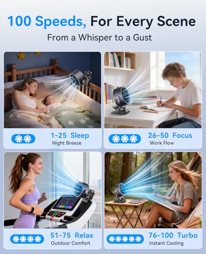KIMMOO 4000mAh Rechargeable Portable Clip on Fan-100-Speed Touch Control, LED Display, 360° Rotate Quiet Turbo Desk Fan, Small Battery Operated USB Fan for Stroller Bed Travel Camping Golf Gym (Black)