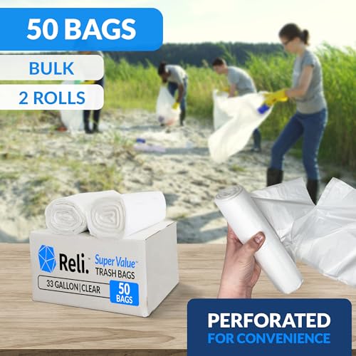 Reli. 33 Gallon Trash Bags Heavy Duty | 50 Trash Bags with Ties | Super Sizeable, Clear, Serious Garbage Cleanup