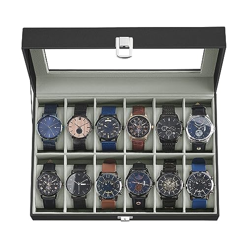 SONGMICS Watch Box, 12-Slot Watch Case Organizer with Large Glass Lid, Removable Pillows, Gift for Loved Ones, Black Synthetic Leather, Gray Lining UJWB12BK