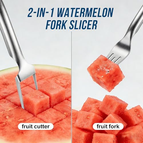 Watermelon Fork Slicer Cutter, 2-in-1 Stainless Steel Watermelon Slicer & Fruit Fork, Summer Kitchen Gadget for BBQ Parties, Camping & RV Adventures