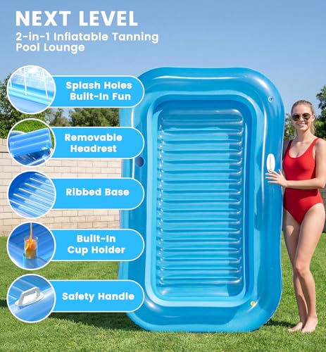 Inflatable Tanning Pool Lounger Float with Sprinkler, 77" x 48" XL Tanning Pool for Adults with Pillow & Cup Holder, 6 in 1 Suntan Tub Sunbathing Bed Pool Floats Adult for Backyard, Beach & Lake