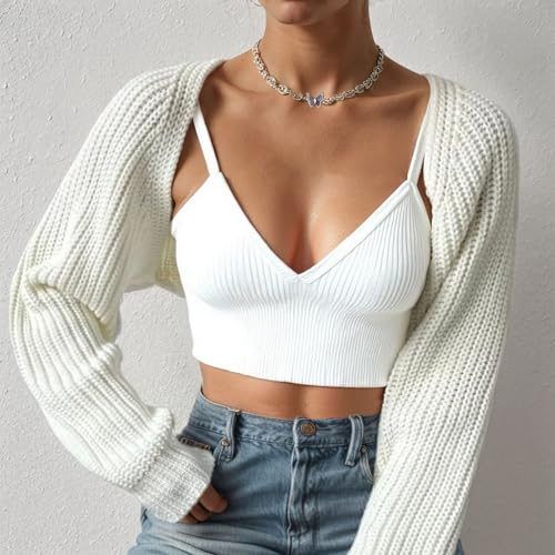 Women Open Front Ribbed Knit Crop Bolero Drop Shoulder Long Sleeve Solid Loose Fit Knitted Crop Cardigan Shrug