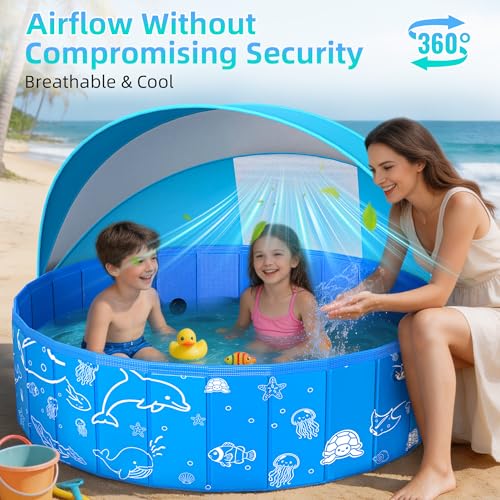 Kiddie Pool with Canopy, 48" Foldable Kids Baby Pool for Toddlers, Portable Small Swimming Pool Hard Plastic with Shade & Carry Bag for Beach Backyard Water Play
