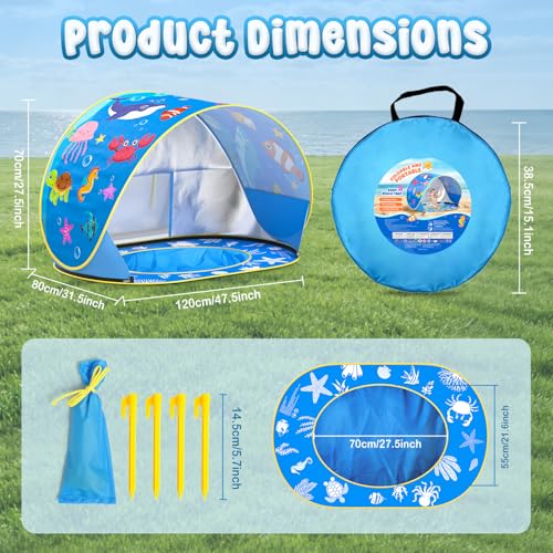 Baby Beach Tent with Pool, Pop Up Beach Tent UV Protection Sun Shelter for Infant Toddlers, Portable Shade Pool Tents Baby Beaches Essentials with Carry Bag for Outdoor, Travel, Camping