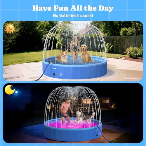 Pawtners Foldable Dog Pool with Sprinkler & RGB LED Light, 72" Collapsible Hard Plastic Swimming Pool for Small Large Dogs Cats and Kids, Portable Pet Bathing Tub Wading Pool for Backyard Camping Blue