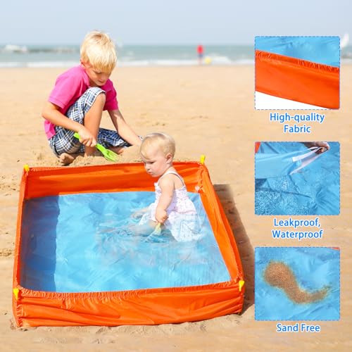 MUOUAKATE 3.3 X 3.3 Ft Portable Beach Square Puddle, Foldable Beach Pool for Boys Girls Ages 2 3 4 5 6 7 8, Upgrade Beach Essentials with Carrying Bag, No Need to Dig Holes and inflate
