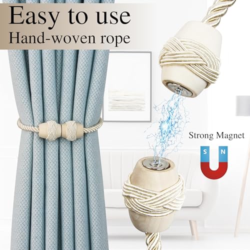 Curtain Tiebacks Magnetic Rope Tie Backs Handmade Curtains Holders for Drapes Outdoor Decorative Window Holdbacks, Beige 4Pack