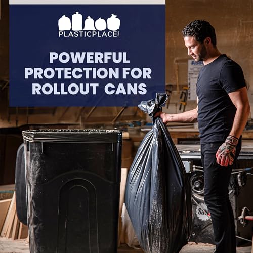 Plasticplace 64-65 Gallon Black Trash Bags, Heavy Duty Toter Can Liners, Tear & Leak-Proof, Industrial Strength, 25 Count, Large Garbage Bags for Kitchen & Commercial Use 1.2 Mil, 50" x 60"