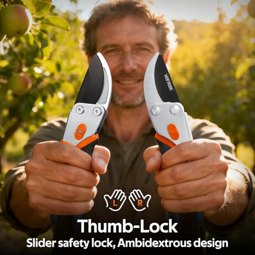 VOTREK® Pruning Shears, 8.5” Professional Garden Pruner with Jam-Proof Spring & Ever-Sharp SK5 Blade, Ergonomic Bypass Clippers for Rose, Tree Trimming, Heavy Duty Bonsai Scissor for Weak Hand