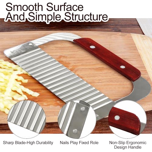 Murtenze Stainless Steel Crinkle Cutter, Wavy Potato Soap Cutting Tool Heavy Duty Wavy Crinkle Cutting Chopping French Fry Slicer Wavy Rotary Cutter with Wooden Handle for Carrot Vegetable(1 Pack)