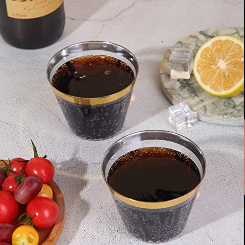 Tobvory 100 Pack Gold Rimmed Plastic Cups - 9 oz Hard Clear Plastic Cups, Premium Disposable Cup For Cocktail And Drinking - Food Grade Party Cups Set - Sturdy Tumbler Cup - Gold Rim