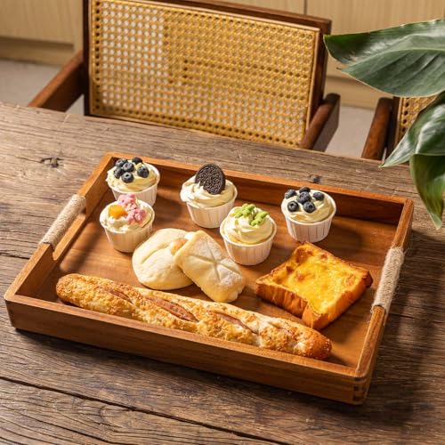 16.5 x 12 Inches Acacia Wood Serving Tray, Large Wooden Food Trays with Handles, Coffee Table Tray for Ottoman, Charcuterie, Parties, Eating, Snack, Decor, Outdoor Kitchen Counter Bandeja De Madera